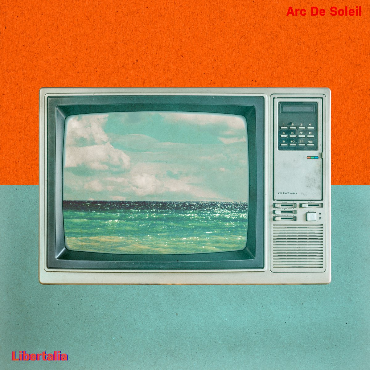 Cover of Arc De Soleil Libertalia EP cover. A blue and orange split background with a old-school tv with the ocean on the  sceen.